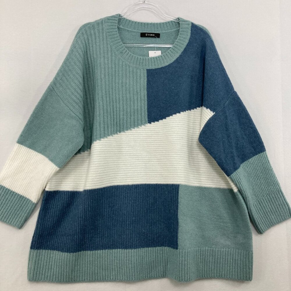 New Evans size 26/28 Blue White Color-block Cozy Slouchy Relaxed Sweater
